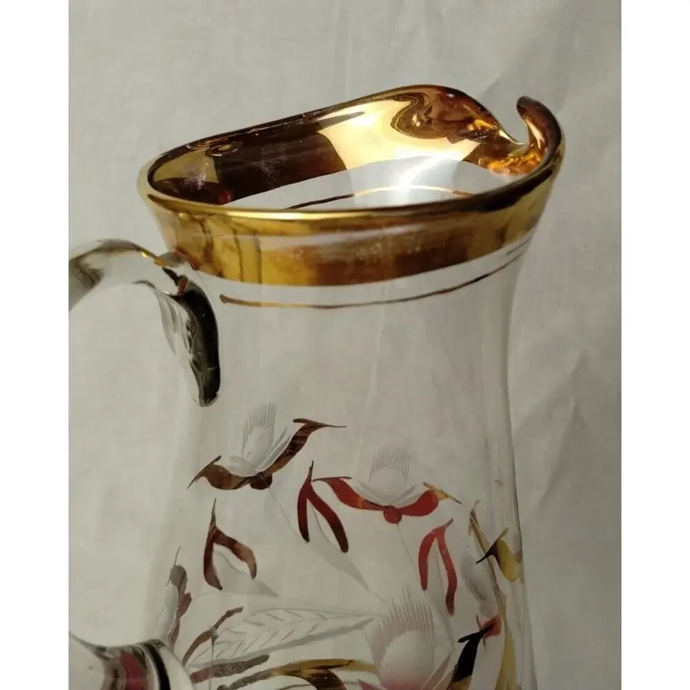 Vintage Glass Pitcher and Two Glasses - Etched - Cracked - Display Only